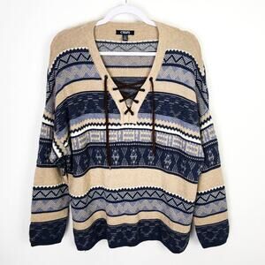 Chaps Tan Blue Tribal Aztec Thermal Shirt Size PXL Petite Woodsy Rustic Folk